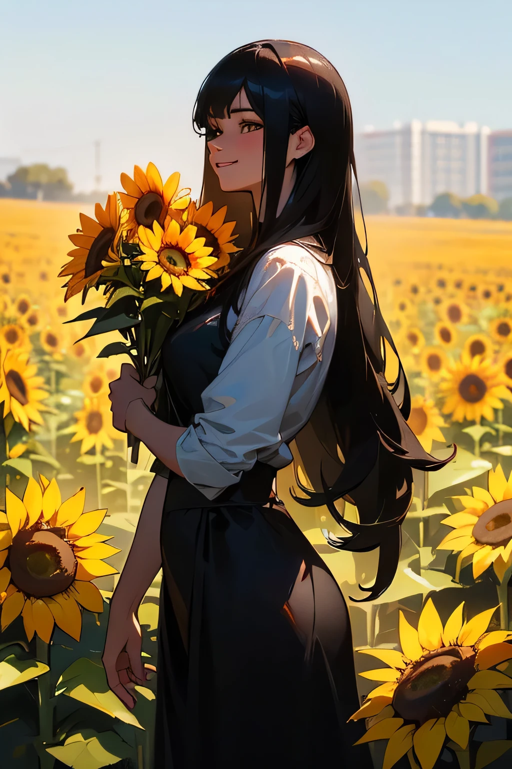 masterpiece, top quality, super detailed, high resolution, (realistic, photorealistic:1.37), excellent anatomy, 1 beautiful woman, long black hair, holding a bouquet of sunflowers and red roses, bright colors, smile, 8K quality, focus of the film, ((cowboy shot:1.2)), outdoor background, best light, best shadow, mysterious, perfect face, highly detailed,