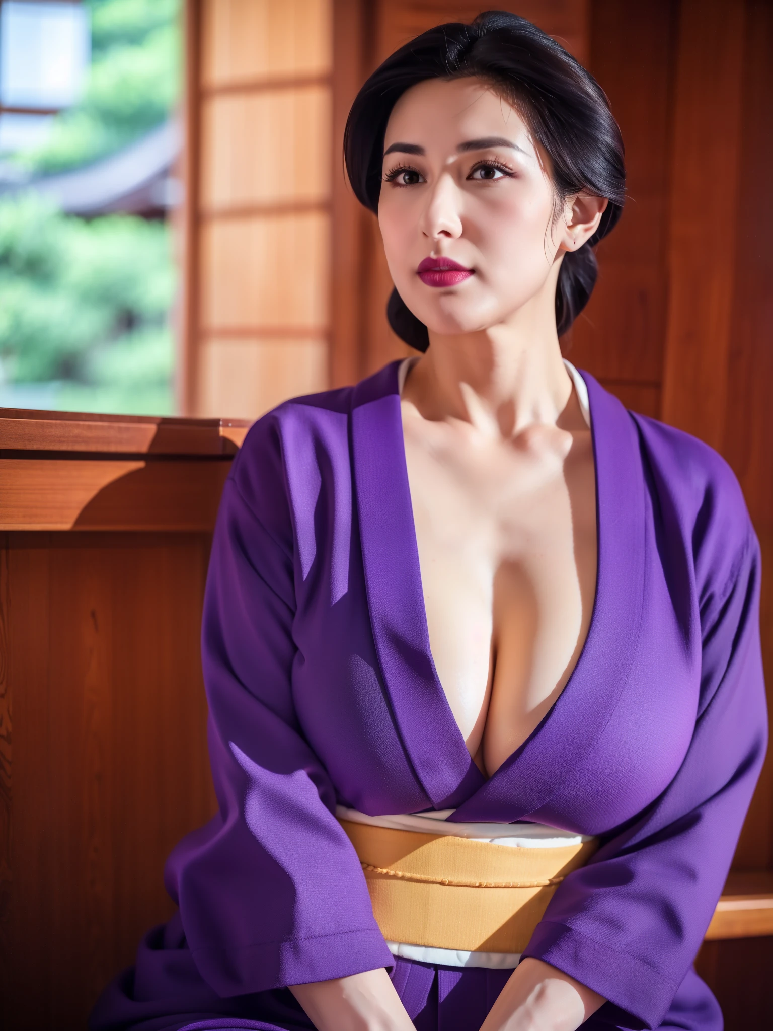 (masterpiece, Best quality, unified 8k wallpaper, high resolution), ambient light, 1 milf, alone, (极OK_fair_detailed hair face eyes nose mouth skin, thin and long:1.3), rest
 (night:1.7),  Before opening the window, Sit upright, Sitting on the sofa, purple_kimono,sash, shouji, shrine, Japanese_clothing, Black_hair, hair_OK, lipstick, comics, 30 years old, adult, Huge long saggy breasts, looking at the audience，cleavage，cleavage