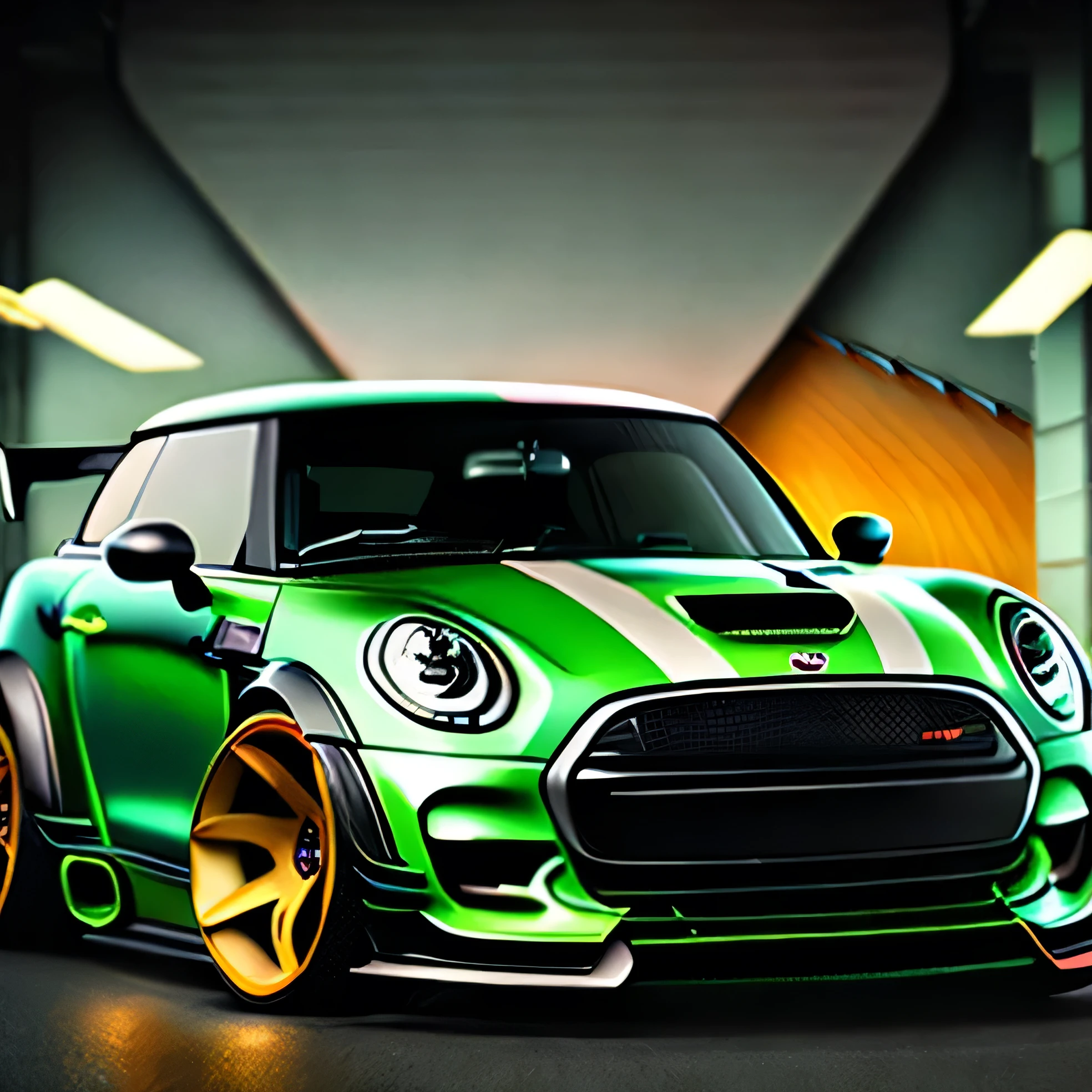 Artwork for t-shirt graphic design, bright green  coloured F56 Mini Cooper S in tunnel design, ((carbon fibre, Liberty walk ultra wide body kit)), aggressive stance ((background: racetrack, outside old industrial style building, large windows in background, overcast sky, heavy industrial look, cobble stone street)), 8K quality, realistic, realism, sharp, detailed, ultrawide, black and carbon fibre and deep candy green and grey colour scheme, front profile, epic stance, epic ultra wide body kit, super low stance, aggressive looks , street, background vintage pastel tone, highly detailed clean, vector image, realistic masterpiece, professional photography, realistic car, car sunrise background, flat black background, isometric, vibrant vector