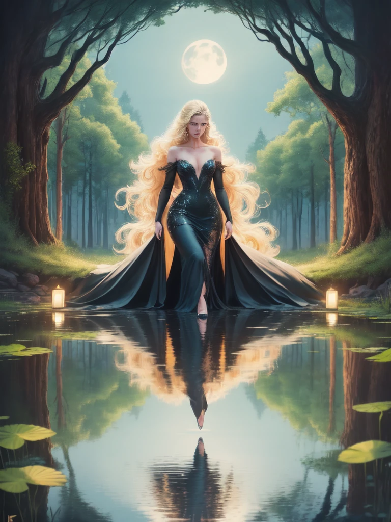 an award winning photoshoot, picture of an extremally beautiful woman model walking on a fashion the (wood catwalk on the runway of a famous fashion show: 1.1) floats on a lake at night, a very beautiful woman, elite Beauty model, long hair, blond hair, green eyes, wearing elegant Haut Couture dress, black dress, wearing high heels, the model's (Catwalk on the runway of a famous fashion show) floats on a lake at night, the model being reflected in the lake, its night time, moon light, reflections, high detail, award winning, best quality, UHD, 16K, rendering, high details, best quality, highres, scenery , ultra wide angle