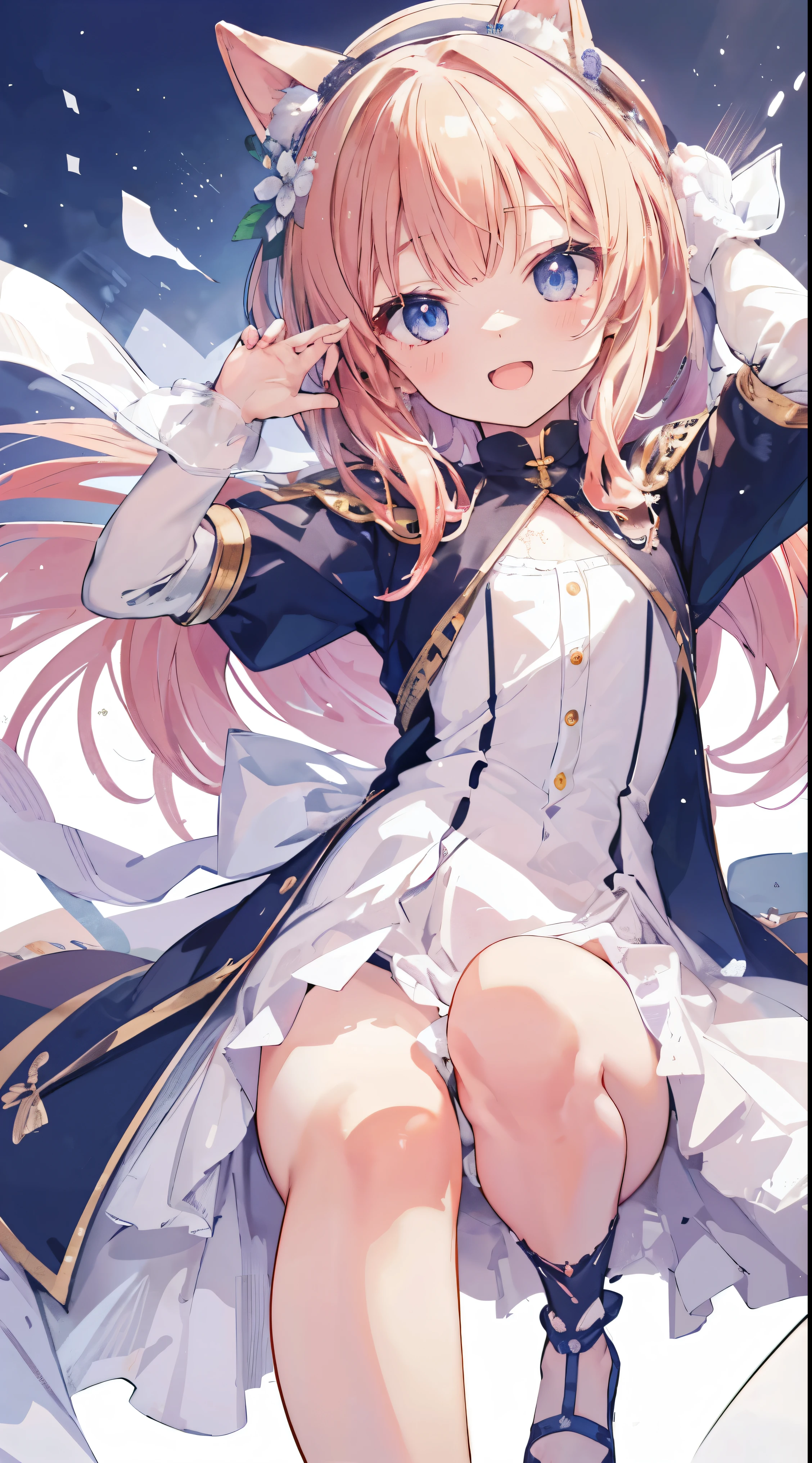 Masterpiece、Highest quality、highest quality、((((Petite))))、(Open Mouth Smile)、Shiny hair quality、Small face、Dynamic pose、Super detailed, beautiful, wide eyes、Ultra-detailed, clear and beautiful faces、(cute illustration:1.2), High-resolution, ultra-detailed, best quality, embarrassed、Thighs