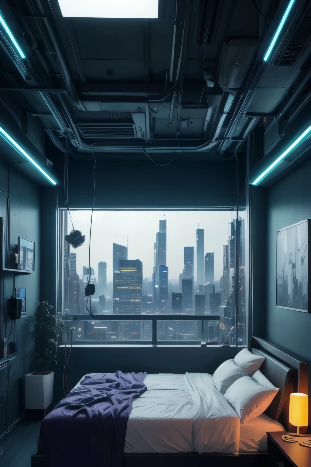 a bedroom, neon lights, dim light, futuristic, orange light, cable, electricity, ornate, detail, windows with skyscrapers, science fiction, blue purple neon,,(masterpiece, best quality), 