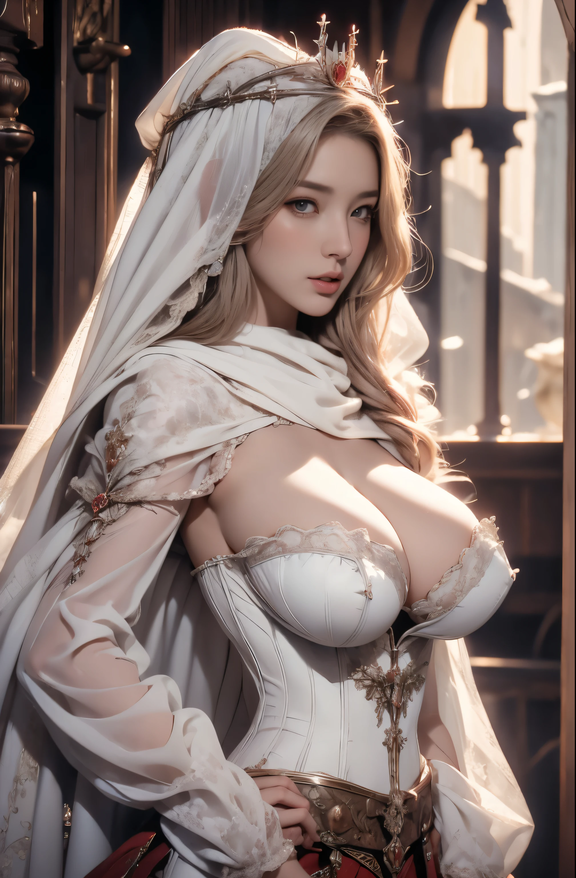 princess, Full body, wearing a hijab , crown luxury , blue eye, blond hair, around , (red silver hijab), tmasterpiece,Best quality at best,A high resolution,8K,((Portrait)),(upper body),Original photo,real photograph,digital photography,(Female princess in the medieval fantasy style),(Medieval princess in fantasy style), sexy princess ,blue eye, super colossal brest, pointy colossal breast extravagant ornament,cparted lips,Keep your mouth shuegant and charming,((Blushing)),virgin contempt,Calm and handsome,(Medieval fantasy dress,The Beautiful super huge pointy breast, small waist, perfect colossal breast of princess body, a blue delicate pattern,red Cloak),(princes medieval character medieval fantasy style,oc render reflection texture, sexy style, sexy colossal breast , medieval castle background, slim body, very small waist, (erect nipples see trough dress)