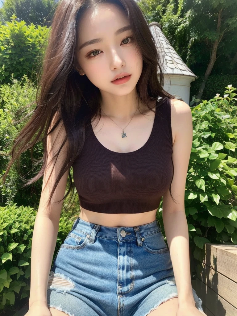 (best quality, 8K, masterpiece: 1.3), Beautiful woman with perfect figure: 1.4, Dark brown hair, Moderate, Wearing a Pendant, Henry shirt with ripped shorts, stretch, in the garden, Highly detailed face and skin, Delicate eyes, Double eyelids