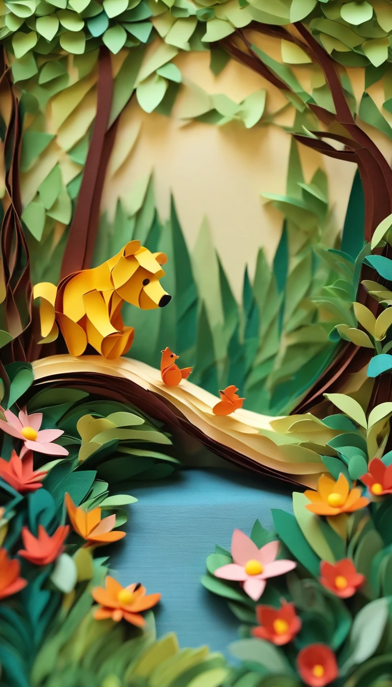 Paper quilling Winnie the Pooh in the forest,Multidimensional origami stitch style illustration,Paper seam style snake, a small paper quilling bird is flying,