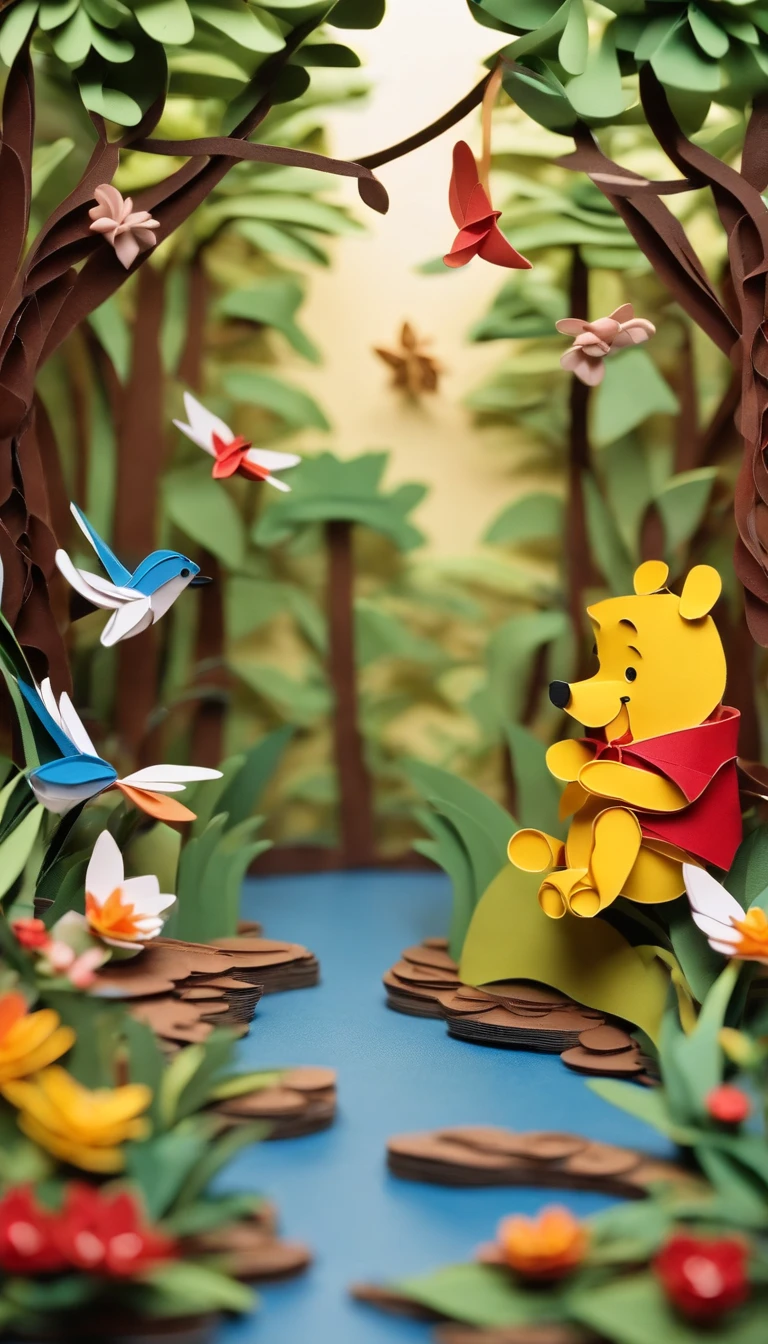 Paper quilling Winnie the Pooh in the forest,Multidimensional origami stitch style illustration,Paper seam style snake, a small paper quilling bird is flying,
