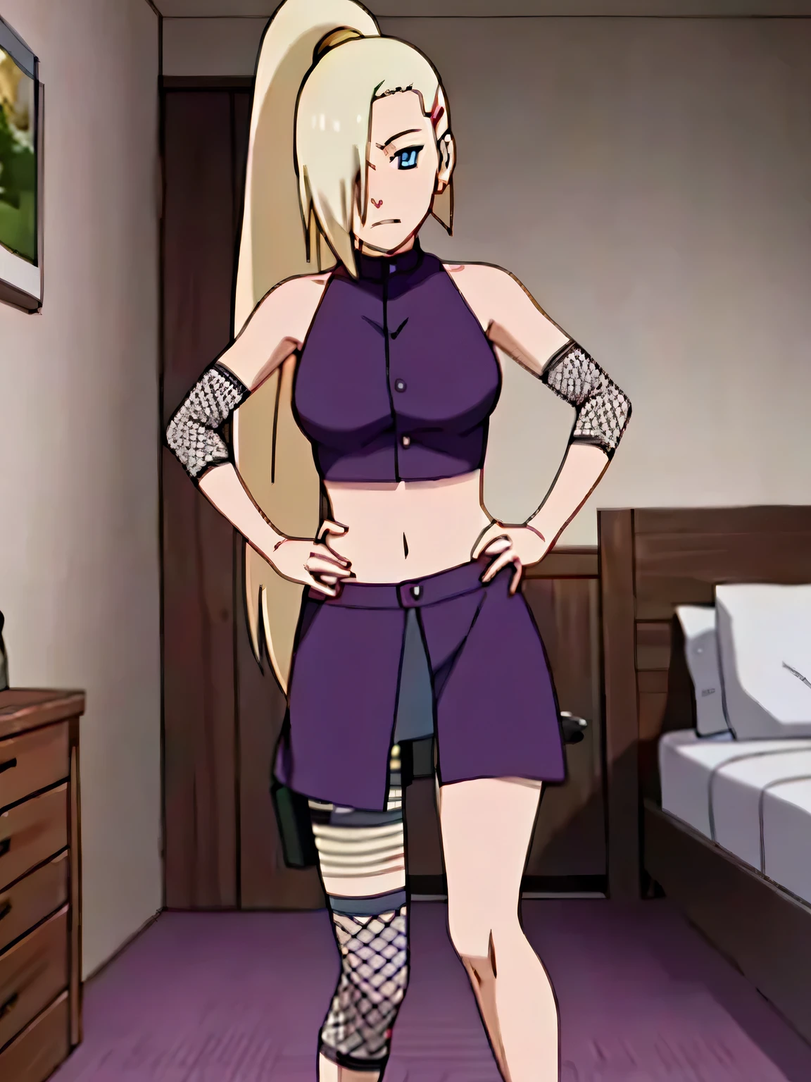 Ino Yamanaka, Ino Shippuden, full body, With breasts, hands on hips, condescending, hair on one eye, high ponytail, blue eyes, Masterpiece, alone, 1 girl, Sleeveless, purple crop top, fishnet, bare shoulders, upper body,Leg lift, straight legs ,show กางเกงใน,bedroom,Torn a leg,provoking,sexually aroused