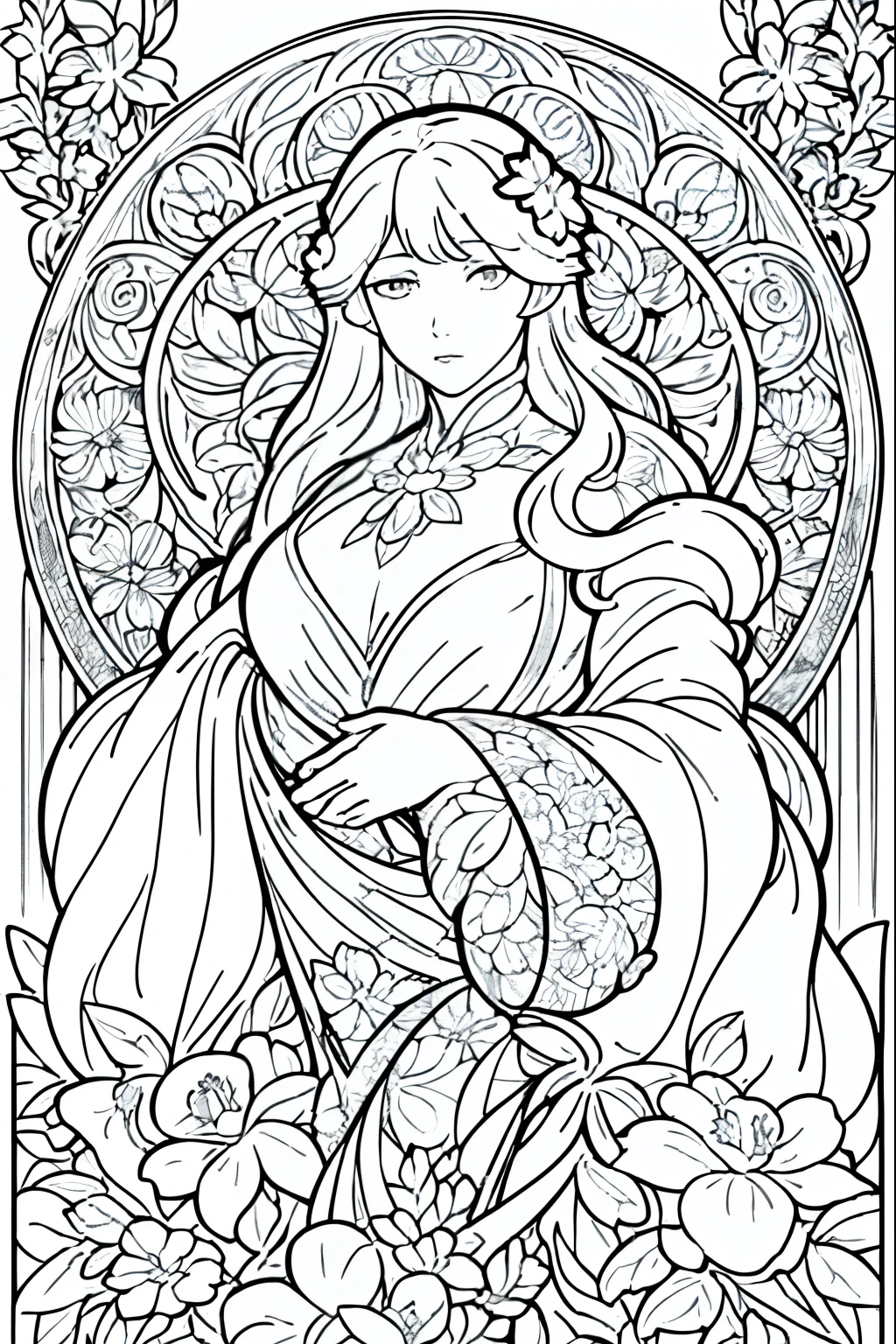 Flower Painting, Floral frame, Decorative panel, Abstract Art of Alphonse Mucha, sketchfab, 色や影のないLine artやシーン. (masterpiece, Better Quality, High resolution: 1.4), be familiar with, Intricate details, 4K, Color Splash, Line art, Fibonacci, 