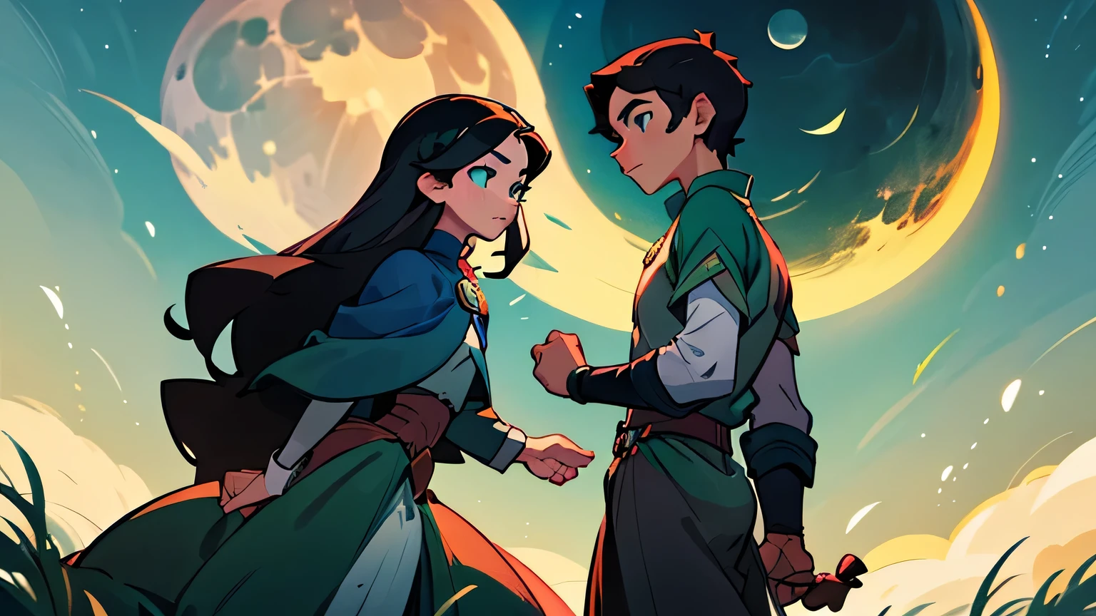 2 people talking. a tall teen boy with curvy dark brown hair, green eyes at night talking to teen moon princess with long black hair, sea blue eyes and snow white skin under full moon on the green field.