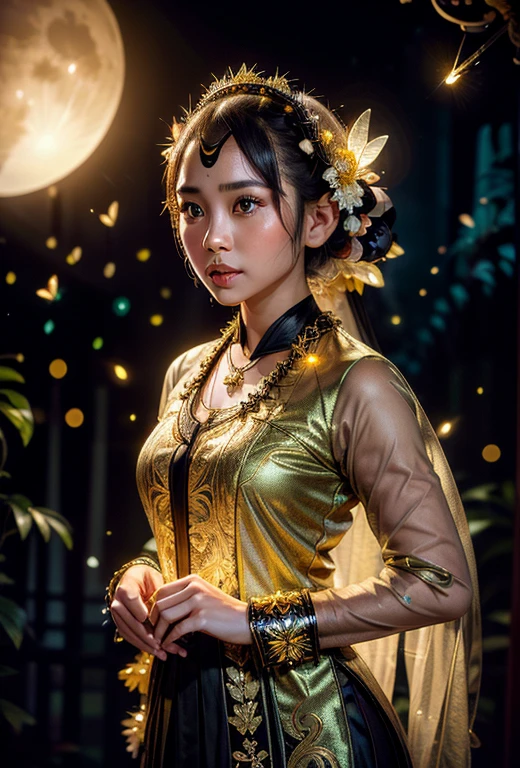 a gorgeous javanese hijab girl in a javanese kebaya under the fullmoon with outstanding soft fullmoon light and fireflies scene, necklace, bracelet, detailed detail, glowing butterflies, soft rays of light, (medium framing shot), pay attention for the face detail, masterpiece, ultra sharp image,