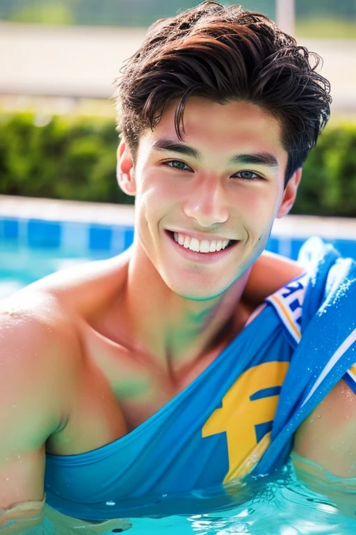 male Age 20 handsome swimwear front view smile water polo