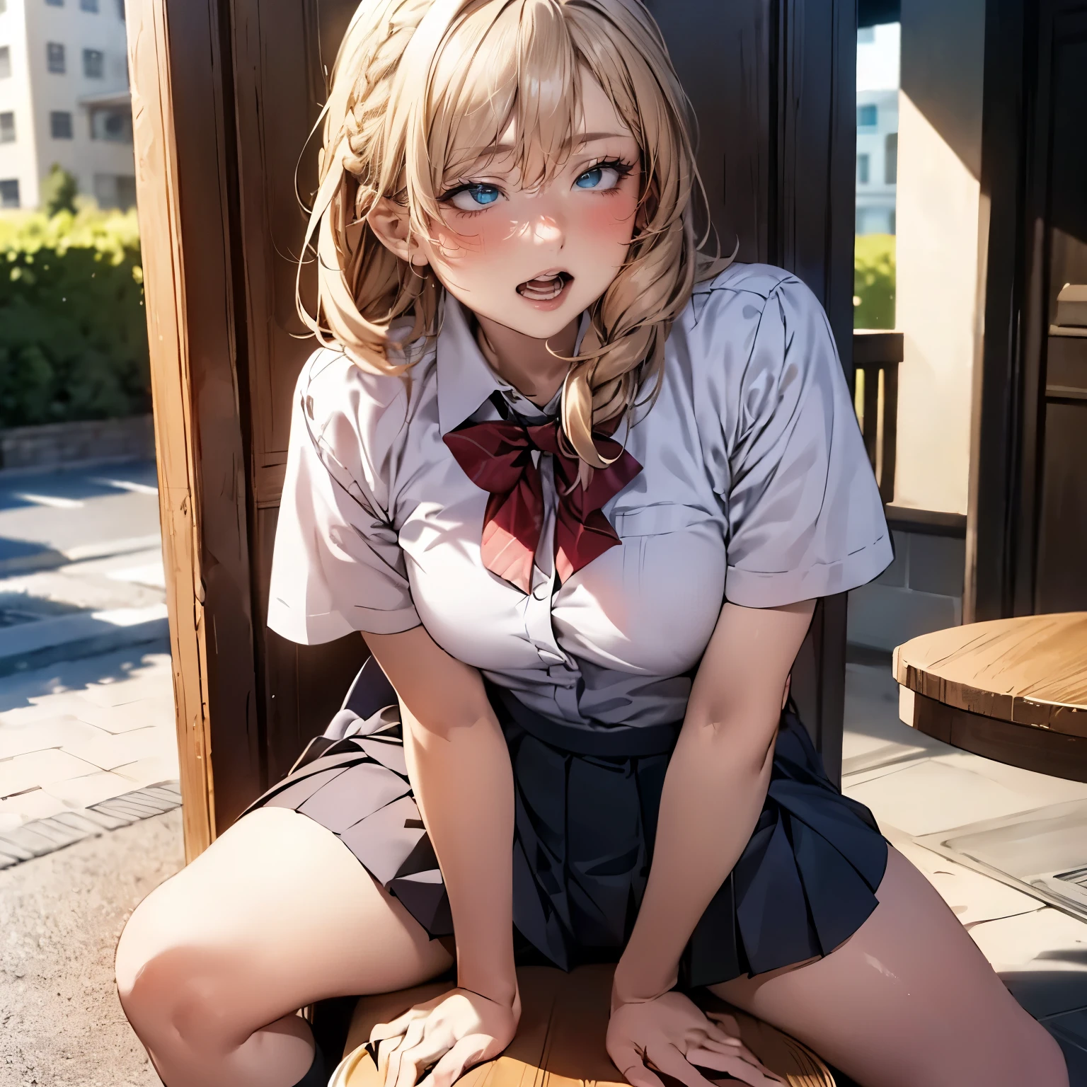 (depicting a single moment from a anime for adults), ((pubic hair, clitoris, braid, glasses, pleated skirt, ribbon, round face, eyes with realistic sizing, drooping eyes, blush, shame smile, thin lips, spread legs)), (((standing and straddling to hit her crotch against the corner of the table for self pleasure))), open mouth, (outside, on the sidewalk, terrace table),