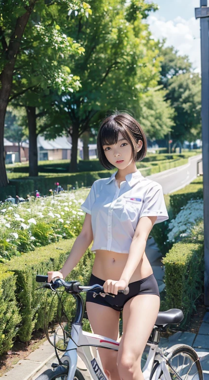 (masterpiece、Ultra-detailed、8k、highest quality:1.5)、((wonderful))、14-year-old idol high school girl、Short hair with bangs、White shirt、((Bicycle race))、garden,Panties in full view、