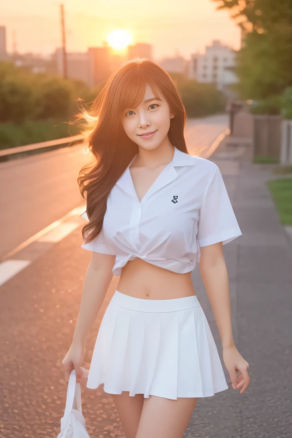 (Raw photo、masterpiece、highest quality、High Resolution)、Cute Japanese、ballet、Embarrassed、Shyness、adult、One Woman、Attractive body、Huge boobs:1.4、Long Wavy Hair、high school 、Thighs 、White socks、Open shirt、Tight shirt、A see-through shirt、double eyelid、Perfect Anatomy、Very short skirt、sexy、loafers、paved、Cityscape、Fluttering skirt、Fluttering Hair、Fluttering in the wind、Wearing panties、Embarrassing、(Perfect Anatomy、Beautiful body、Healthy Body,Beautiful Skin)、evening、sunset、Professional photography、gravure、((My Wife))、My Wifeはお熱いのがお好き、