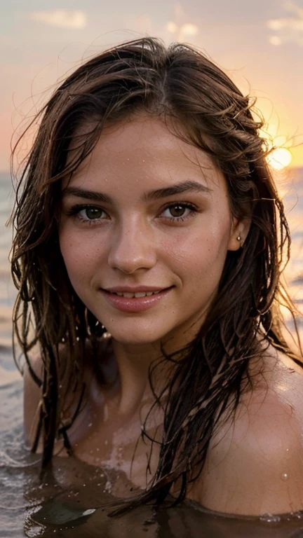 Jeune femme brune de 25 ans, visage fin, cheveux long, yeux marrons, HD, 8K, masterpiece, sourire romantique, se baignant en mer au soleil couchant, into the water, sunset, pink sky, algae covering the , wet hair