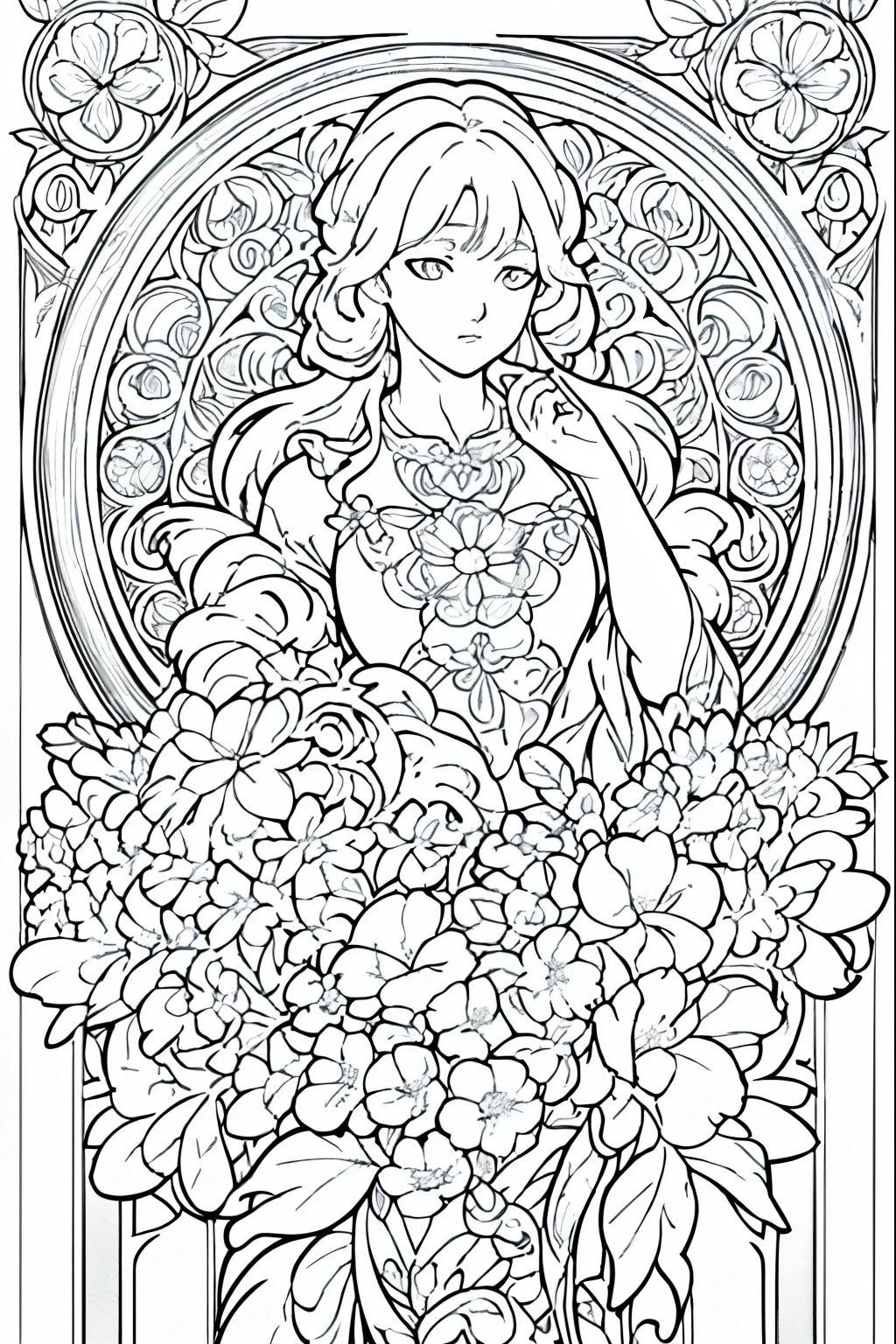 Flower Painting, Floral frame, Decorative panel, Abstract Art of Alphonse Mucha, sketchfab, 色や影のないLine artやシーン. (masterpiece, Better Quality, High resolution: 1.4), be familiar with, Intricate details, 4K, Color Splash, Line art, Fibonacci,