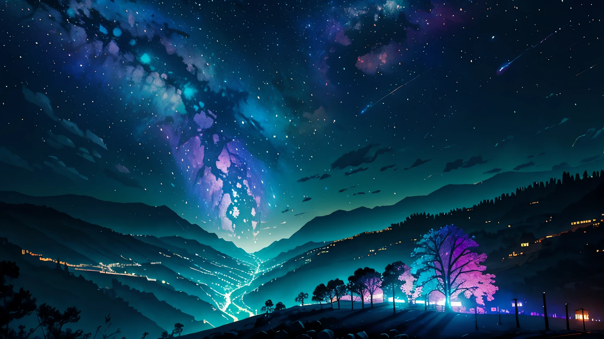 Fotografia de paisagem ampla , (a view from below that shows the sky above and the open countryside below), uma garota parada no campo de flores olhando para cima, (lua cheia:1.2), ( estrelas cadentes:0.9), (nebula:1.3), montanha distante, tree BREAK production art, (fonte de luz quente:1.2), (vaga-lume:1.2), light bulb, muito roxo e laranja, detalhes intrincados, BREAK volumetric lighting (obra de arte:1.2), (melhor qualidade), 4k, ultra-detalhado, (Dynamic Composition:1.4), altamente detalhado, detalhes coloridos,( cores iridescentes:1.2), (bright lighting, Atmospheric lighting), sonhadores, magical, (Sozinho:1.2)
