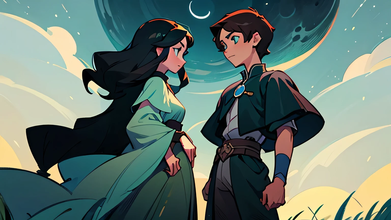 2 people talking and looking to each others eyes. a tall teen boy with curvy dark brown hair, green eyes at night talking to teen moon princess with long black hair, sea blue eyes and snow white skin under full moon on the green field.