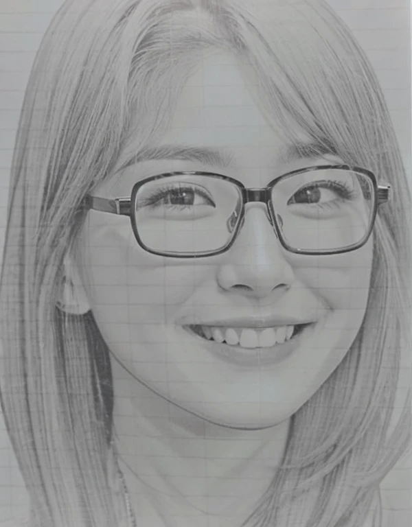 Japanese women, Age 25。Wear glasses、Long Hair、Xu々To、smile、カラー写真風To表現してください