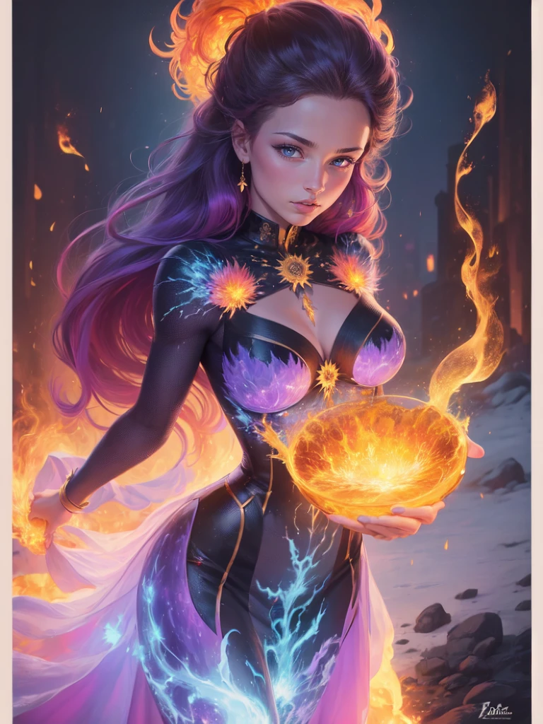 Crie uma deusa do fogo, de beleza radiante, ela utiliza um vestido feito de fogo que cobre todo seu corpo, Her hair is made of blue flames with purple, listras luminosas douradas adornam a roupa, A blue flame burns in one of his hands, and the setting is his kingdom of fire, with golden constructions