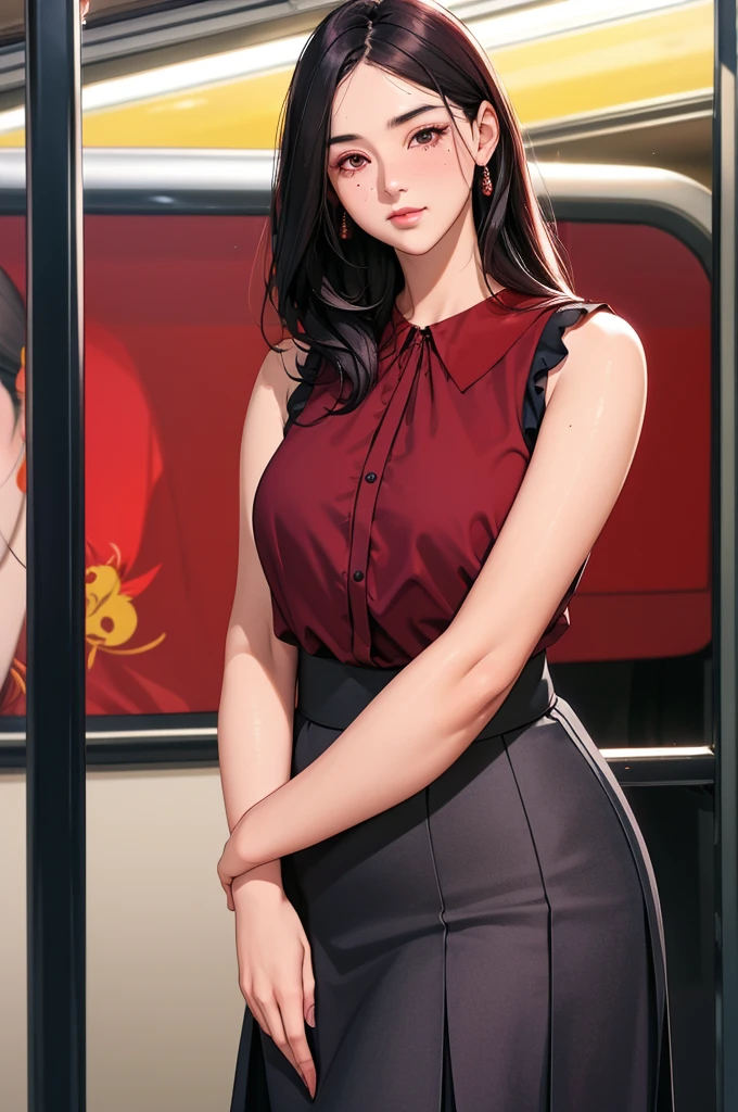 (dark red blouse,sleeveless:1.3),black and long flare skirt,(plump arms),single mole on cheek,black hair,voluminous hair,unkempt hair,curvy tall woman,27 years old,(fair skin:1.3),(cute eyes,tareme),plump oval face,light makeup,standing in train,