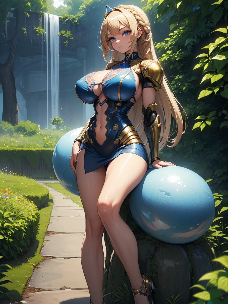 (((masterpiece))), (((best quality))), ((ultra-detailed)), (illustration), ((an extremely delicate and beautiful)), ((super detail)), ((high resolution)), (((20 years old))), metallic cloth, (insect lady), (super heroine), (android), delicate metal decorations, gleaming skin, shiny body, two legs, breast focus, (((tall))), slender legs, ((big round eyes)), cute eyes, drooping eyes, ((adult)), two hands, five fingers, no extra hands, elegant smile, braid, ((metallic blue)), (see-through), (dark blonde), ((ultra-huge breasts)), (shining brightly), outdoor, mini skirt, daytime, ((biopunk)), (hair shorter than shoulder), (medium length hair), gynoid, (bikini), garden, street,