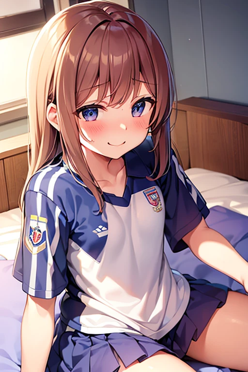 Wearing a soccer uniform with an embroidered logo、Cute  girl with small breasts、Sweaty and looking happy、Lying on your back on the bed、Low - Angle、The uniform has an embroidered logo、indoor、Very protruding nipples、Pulling on clothes、The action of grabbing the chest area of one&#39;s clothes with one&#39;s right hand