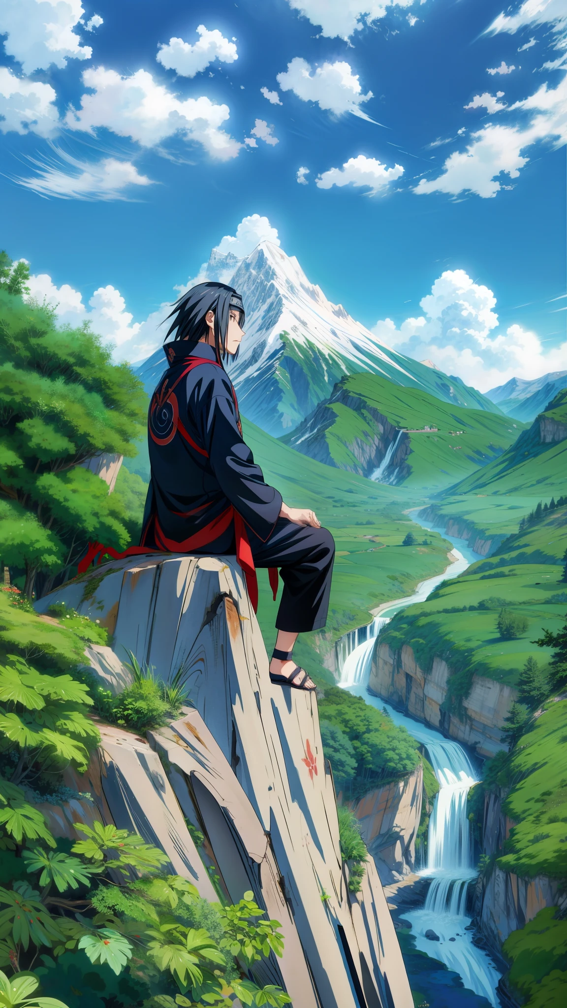 Itachi watching mountains over a mountain cliff, Itachi Uchiha, greenery, blue sky, Naruto anime, anime style, itachi uchiha, top 25 fantasy anime series, hd anime wallpaper, anime hd wallpaper, ultra hd anime wallpaper, anime”, samurai jedi, portrait of ninja slayer, aragorn in an anime world, holding a black katana, anime key visual”, anime hd, anime background, 4k professional painting, game, detailed key anime art, illustation, a beautiful artwork illustration, beautiful digital painting, highly detailed digital painting, beautiful digital artwork, detailed painting 4 k, very detailed digital painting, rich picturesque colors, gorgeous digital painting