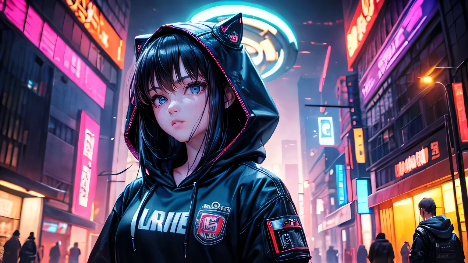 (oil, masterpiece, highest quality, Super detailed, Focus on the characters), One female、cyber punk,Detailed hair depiction,([return:0.8]|[ face facing returnwards:1.1]), 
hoodie,neon,([Night cityscape scenario:1.2]|[ ground:1.3]| [High Contrast:1.1])  