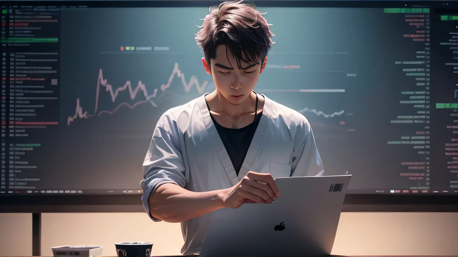 (Digital Painting), (Best Quality), Young man taking a paper test in front of a large chart screen, behind him a stern test tube with a scary face stands with folded arms. Japanese man taking academic exam, man analyzing price fluctuations, trader, currency chart monitoring, foreign exchange, forex, ukiyo-e art style, Hokusai inspiration, popular deviant art, 8K ultra-realistic, pastel color scheme, soft lighting, vibrancy
