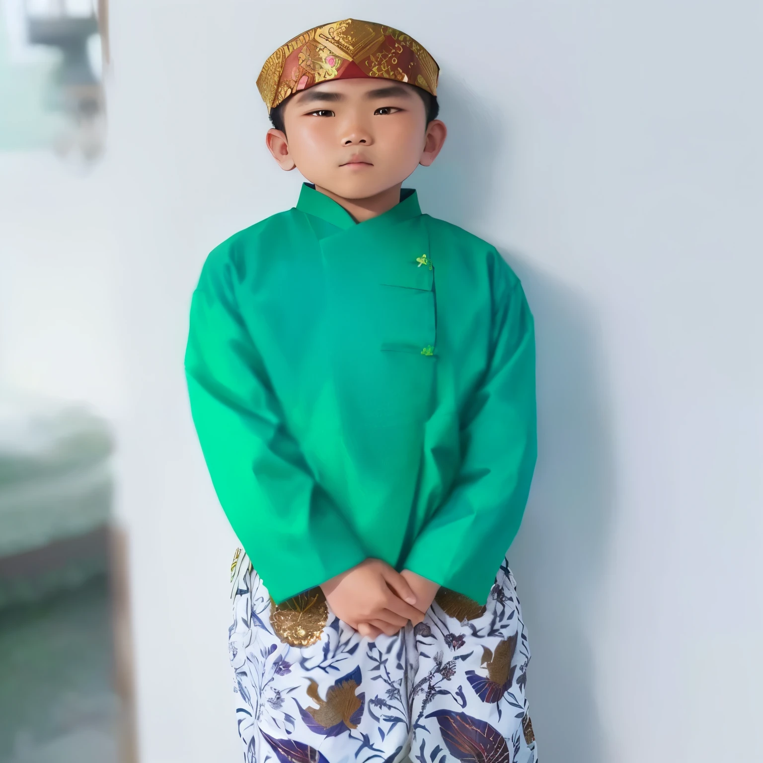 a close up of a young boy wearing a green shirt and patterned pants, inspired by I Ketut Soki, inspired by Abidin Dino, inspired by Basuki Abdullah, inspired by Yosa Buson, traditional clothes, wearing authentic attire, inspired by Gong Kai, wearing traditional garb, tai costume, traditional clothing, inspired by Sasha Putrya