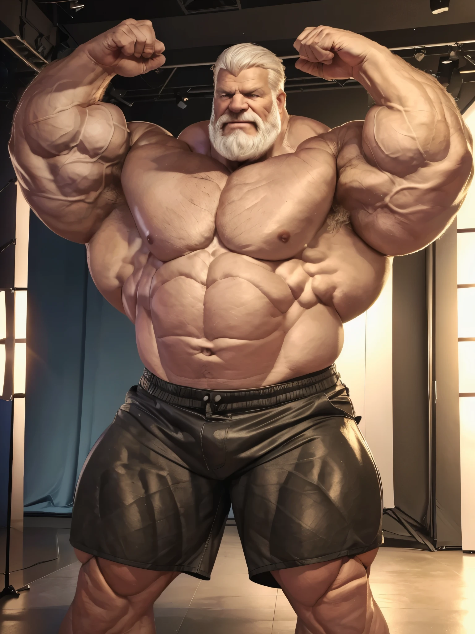 full shots, ground level camera shot, (best quality,4k,8k,highres,masterpiece:1.2),ultra-detailed,(realistic,photorealistic,photo-realistic:1.37),((massive muscular)) ((huge Muscular)) old man standing in photo studio, simple background, shorts , white hair, super thick arms, super big pectoral, super wide pectoral, topless, shirtless.