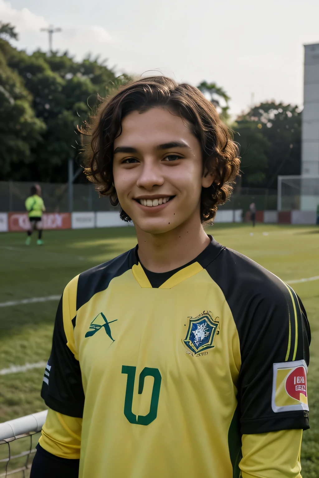 Young Brazilian soccer goalkeeper. 20 years old. Curly hair. Smiling. Dramatic light, male, goalkeeper gloves, yellow jersey, masterpiece, best quality