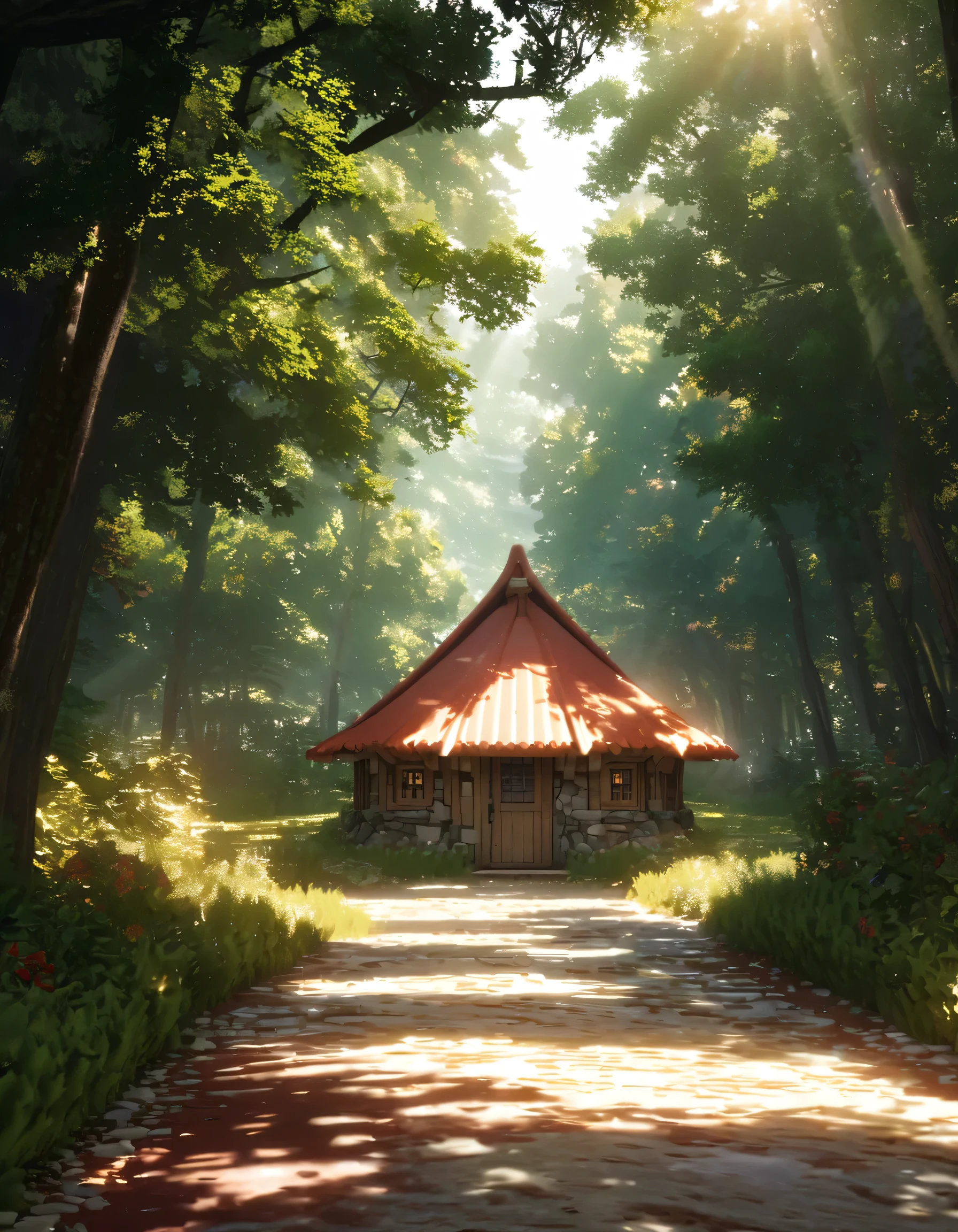 Close-up of a white stone cabin and red clay roof, forest, bushes, dirt pathway, sun rays+++, sunlight, lens flare, more trees, octane render,