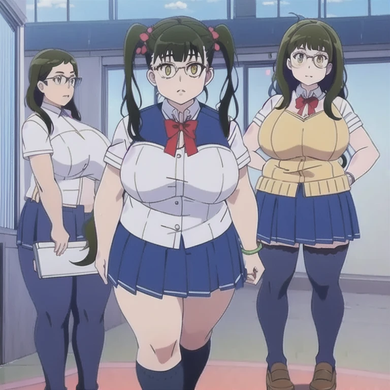 (masterpiece, best quality:1.2), 1girl, solo,chuby,plump,gigantic breasts,thick tighs,wide hip,brack hair,twintail,eye glasses,yellow eyes,school_uniform, full body view, classroom with students 