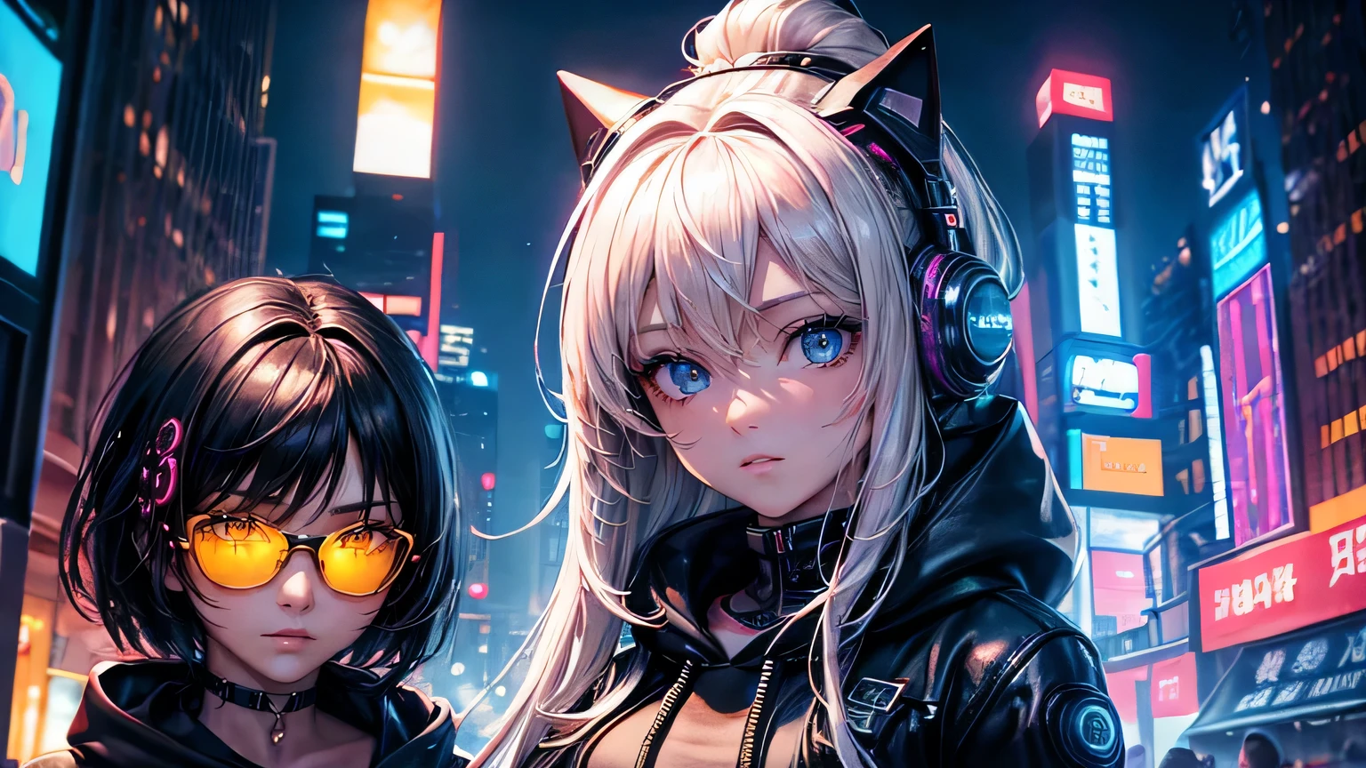 (oil, masterpiece, highest quality, Super detailed, Focus on the characters), One female、cyber punk,Detailed hair depiction,([return:0.8]|[ face facing returnwards:1.1]), 
hoodie,neon,([Night cityscape scenario:1.2]|[ ground:1.3]| [High Contrast:1.1])  