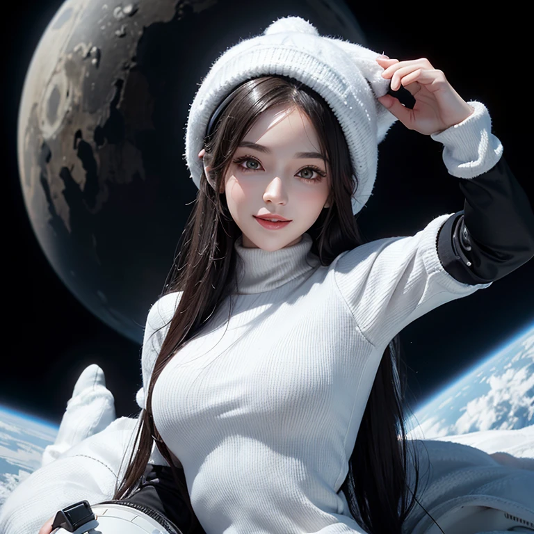 Seductive woman happy to raise her hand　Perfect beauty　Beautiful white skin　beautidful eyes　Lustrous lips　Joyful smile　Look at viewers　Dark hair　Knitted hat with a wolf face　sitting on　A spacesuit that sticks to the body designed in black and white　Functional　head phone　Inside the spacecraft