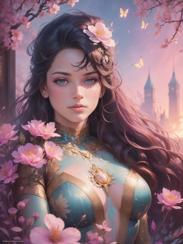 This artwork is dreamy，With a style of mythological fantasy, Soft watercolor tones，Shades of pink, Blue, and purple. Generate gorgeous characters from Greek mythology and realistic skin and hair textures. Her strength, Proud face with realistic shadowed eyes and puffy lips, And a big mouth. Her softness, Realistic hair dancing in the breeze，Surrounded by flowers and delicate butterflies. Includes highly detailed fantasy style，Includes beautiful watercolor sky. Includes 8K eyes, hires eyes, Beautiful detail eyes, Beautiful detailed eyes, and realistic eyes. Including fantasy details, Enhanced detail, rainbowing, and colorful glitter. Pay special attention to her face，Make sure it's beautiful and realistic details. 8K, Intricate, elegant, Highly detailed, Majestic, Digital photography, Art by Artgerm and Ruan Jia and Greg Rutkowski, (((Masterpiece, fine detailed beautiful eyes: 1.2))), hdr, ((Realistic skin texture)), llight rays, ornate flowers, dewdrops, Sunlight, Hazy sunlight, estilo FlowerGateway, Castle, Palace, Archway, Flowers, Growing