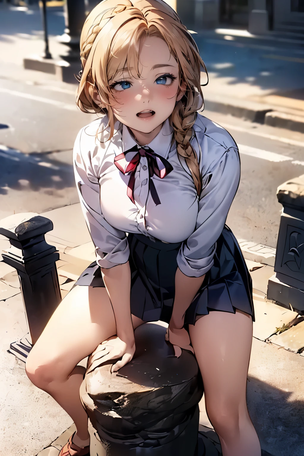 (depicting a single moment from a anime for adults), ((braid, glasses, pleated skirt, ribbon, round face, eyes with realistic sizing, drooping eyes, blush, shame smile, thin lips, spread legs)), (((standing and straddling to hit her crotch against the stone bollard for self pleasure))), open mouth, (outside, on the sidewalk),