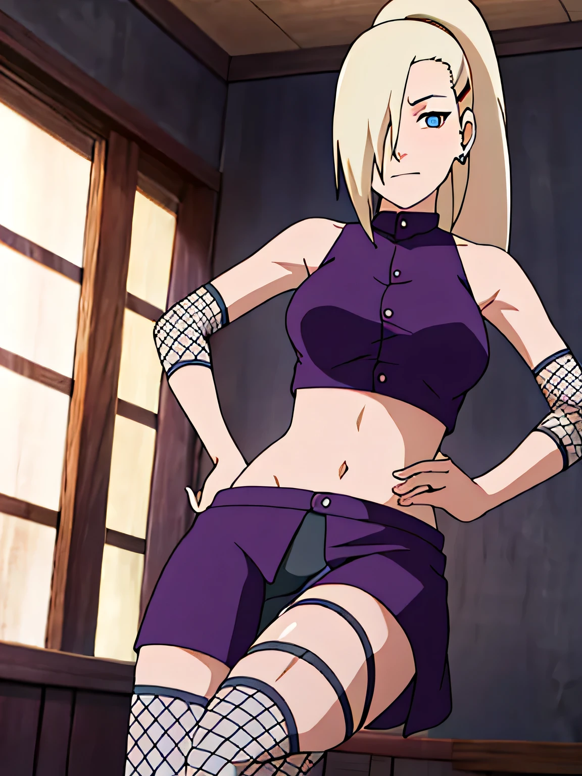 Ino Yamanaka, Ino Shippuden, full body, With breasts, hands on hips, condescending, hair on one eye, high ponytail, blue eyes, Masterpiece, alone, 1 girl, Sleeveless, purple crop top, fishnet, bare shoulders, upper body,Leg lift, straight legs ,show กางเกงใน,bedroom,Torn a leg,provoking,sexually aroused