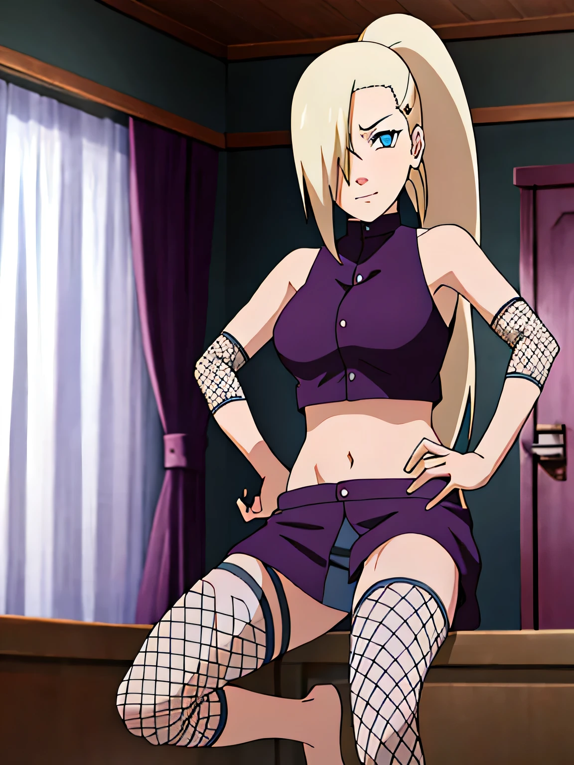 Ino Yamanaka, Ino Shippuden, full body, With breasts, hands on hips, condescending, hair on one eye, high ponytail, blue eyes, Masterpiece, alone, 1 girl, Sleeveless, purple crop top, fishnet, bare shoulders, upper body,Leg lift, straight legs ,show กางเกงใน,bedroom,Torn a leg,provoking,sexually aroused