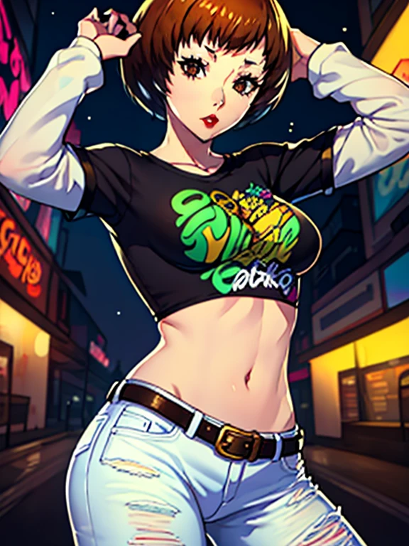 satonaka chie ,glossy lips, light makeup , 1girl, solo, standing, black t-shirt, white shirt, blue jeans, belt, lipstick, large breasts, layered sleeves