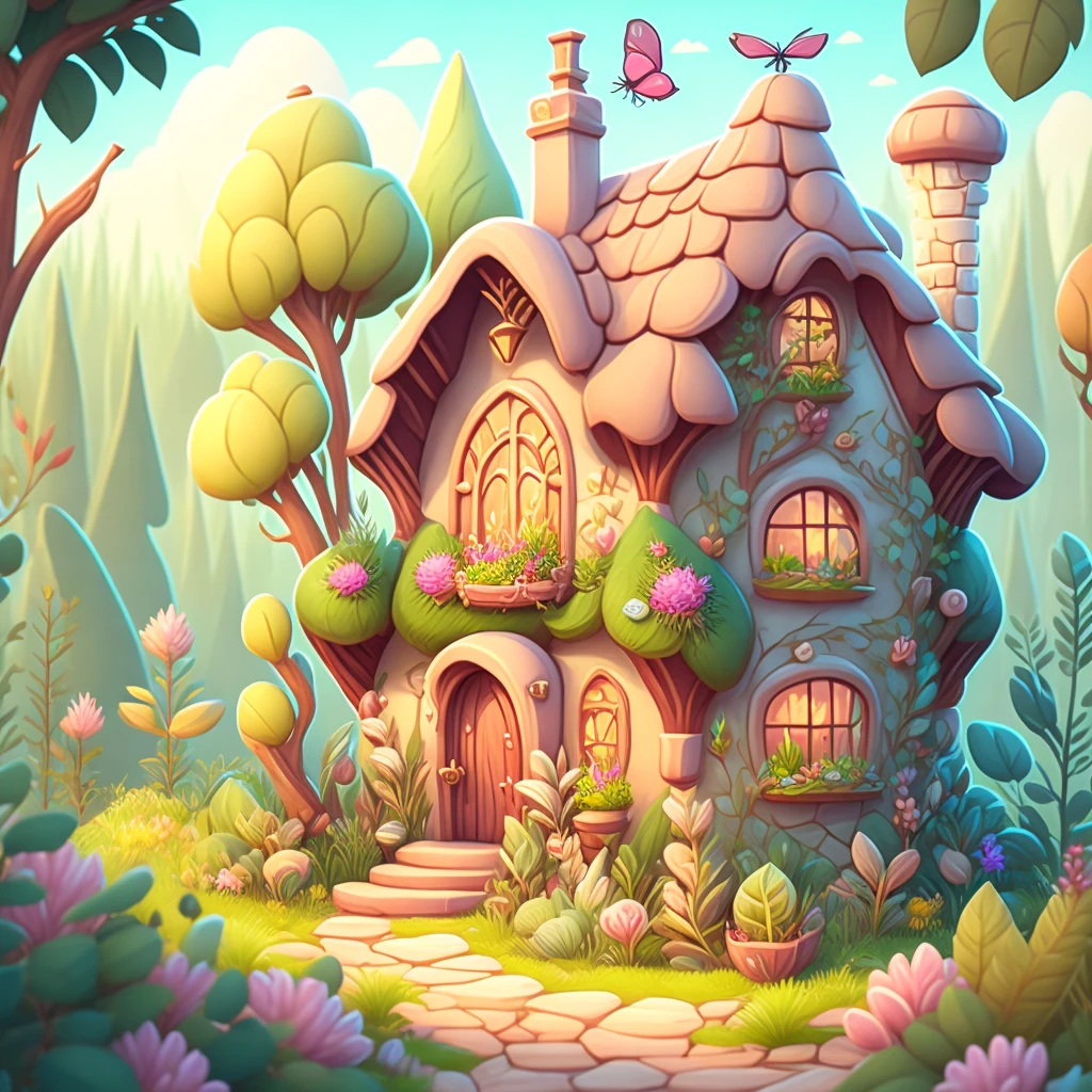 Cartoon-style house, flowers and plants, magical elements, mobile game, forest and plants, a touch of magical elements, outlines of animals.