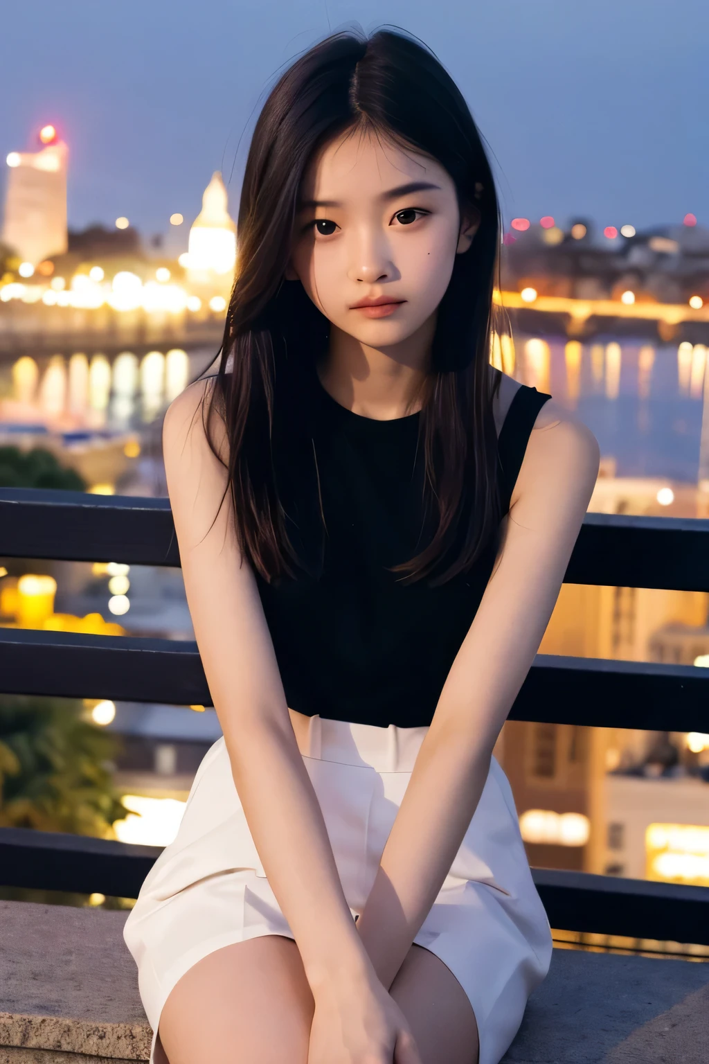 Highest quality,Perfect Face,Upper Body,14 years old,Thin arms,Beautiful night view,Sitting,camisole