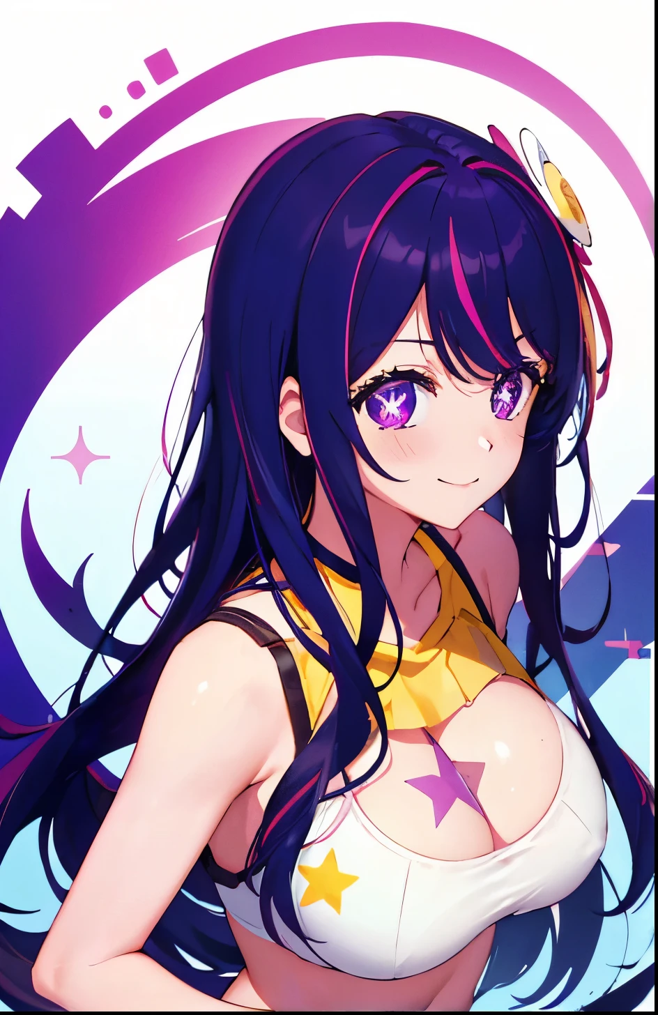1girl, Hoshino Ai, Long hair, purple hair, Streaked Hair ,violet eyes, star-shaped pupils, hair ornament, (tmasterpiece), (beste-Qualit), (overdetalization),(messy hair),(illustartion), (a 1girl), stands, Model, looks at the viewer, (interview), (Simple background), beautiful detail eyes, Gentle beautiful face, soaring, (high saturation), (Colorful splashes), Colorful Bubble, (radiance), facial focus, (radiance), better lighting, better shadow, (tmasterpiece, hiquality, beste-Qualit), Happy, super happy, big breast, sports bra, sexy, hot, big breast, cleavage , summer outfit, bikini, swim suit, happy, smiling, grabbing her breast, dinamic view, dinamic angle