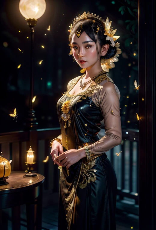 a gorgeous javanese hijab girl in a javanese kebaya under the fullmoon with outstanding soft fullmoon light and fireflies scene,  see the audience, necklace, bracelet, detailed detail, glowing butterflies, soft rays of light, (medium framing shot), pay attention for the face detail, masterpiece, ultra sharp image, 