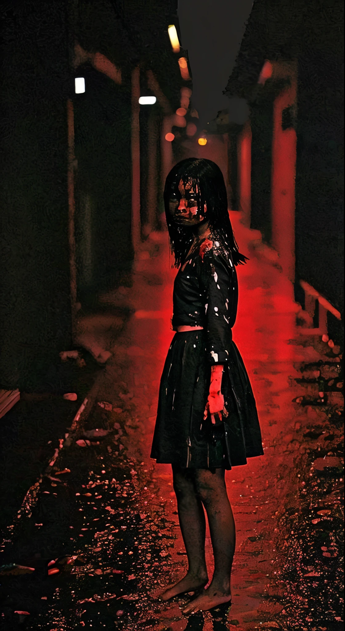 masterpiece, highest quality, View your viewers, In-person audience, barefoot, One girl, alone, Upper Body, bow, serafuku, Disgusted face, at night, heavy rain, Outdoor, city, Crop top, belly button, Wet clothes, drenched, overly too long sleeves, Put your hands in your sleeves, Tears of Blood, Bloodstain, Dark Alley, Blood splattered on the ground, Red bright light, Glowing Eyes, Depth of written boundary,Holding a knife,Red Sky, atmosphere,Perfect hands