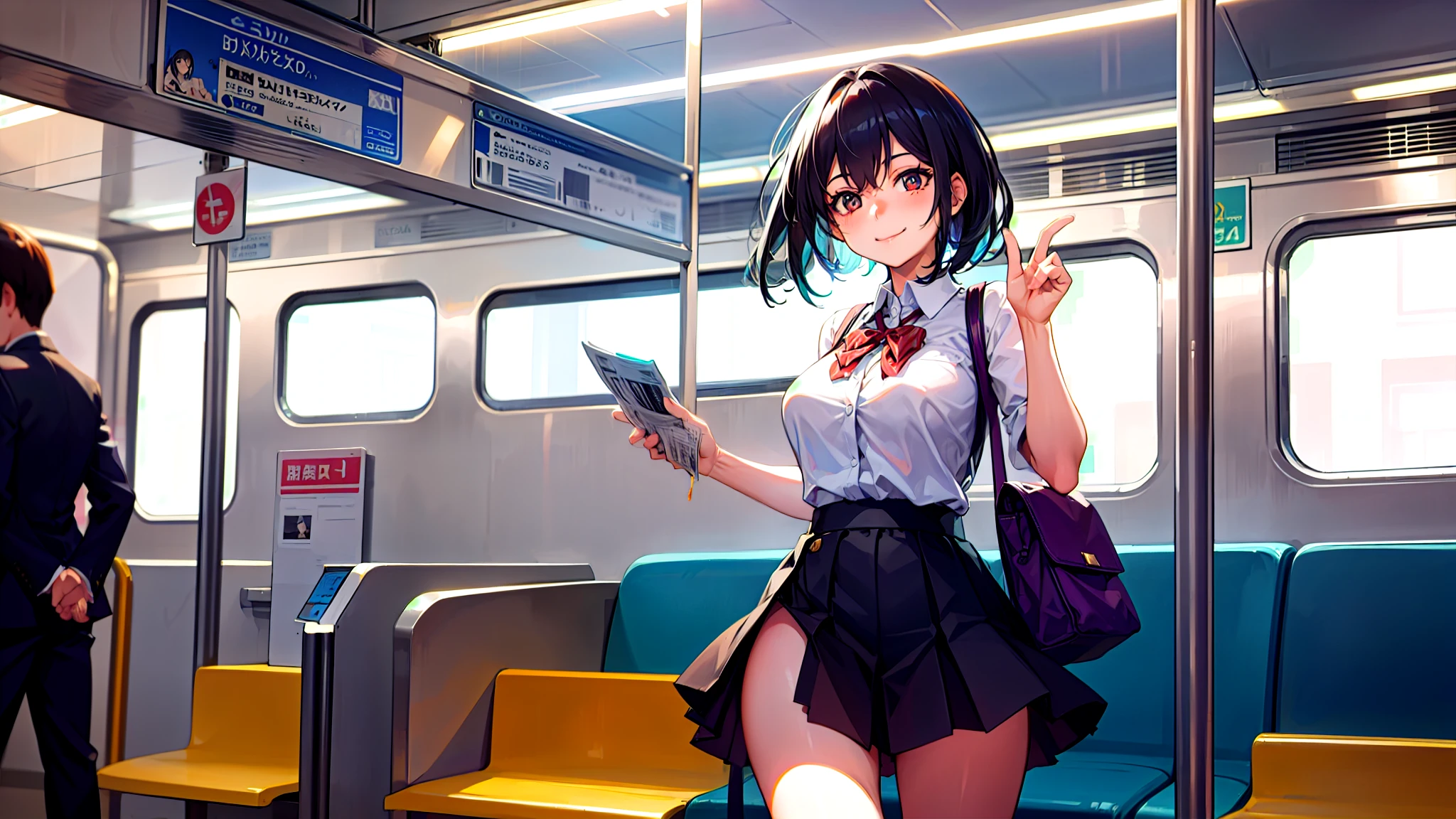 One girl、super quality、A black-haired high school girl smiling as she passes through the train ticket barrier、smile、Nice body、the skirt is short,、Ultra HD、amazing