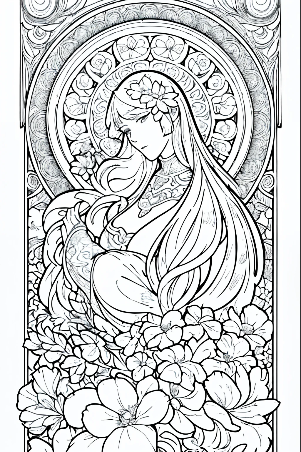 Flower Painting, Floral frame, Decorative panel, Abstract Art of Alphonse Mucha, sketchfab, 色や影のないLine artやシーン. (masterpiece, Better Quality, High resolution: 1.4), be familiar with, Intricate details, 4K, Color Splash, Line art, Fibonacci,