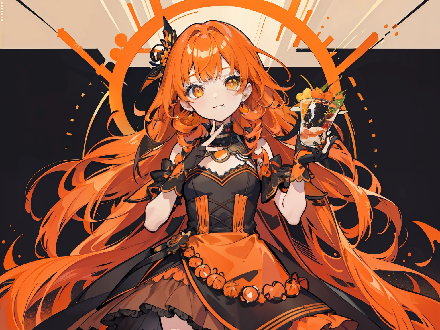 Transparent watercolor, girl, Jewel Eyes, Beautiful arrangements and motifs, Depth of the Boundary, Flat avatar, one girl, smile, (Vertical curls), Stylish orange gear design hair ornament, high quality Jewel Eyes, Shine, Pop Art, Line art, Gear Personification, Orange Gradient,Yellow Eyes、 Dark brown with some orange hair、Roll Hair、intricately designed dress、A dress with an orange gear pattern、Black dress with brown tint、 Millefeuille dress Layered dress Black gloves with hands down、Orange gear decoration on gloves